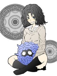 black_legwear crossover grin kneehighs messy_hair mojimojiable pokemon school_uniform smile sweater tanamachi_kaoru tangela 