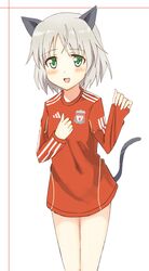  1966 adidas animal_ears blush cat_ears cat_tail glastonbury1966 green_eyes liverpool_fc no_pants open_mouth sanya_v_litvyak silver_hair solo strike_witches tail triple_vertical_stripe 
