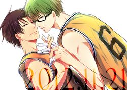  2boys angellnight bandages basketball_uniform black_eyes black_hair dated glasses green_eyes green_hair interlocked_fingers kuroko_no_basuke midorima_shintarou multiple_boys sportswear takao_kazunari 