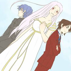  1girl 2boys blue_hair blush brown_hair crossed_arms dress dutch_angle facial_hair fate/zero fate_(series) formal goatee irisviel_von_einzbern long_hair matou_byakuya multiple_boys red_eyes ronpaxronpa suit toosaka_tokiomi white_hair 