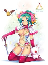  aqua_hair blue_eyes breasts earrings elbow_gloves final_fantasy final_fantasy_vi gloves hair_ribbon jewelry kara_(color) moogle panties pink_gloves ponytail red_gloves red_legwear ribbon solo striped striped_legwear sword thigh-highs thighhighs tina_branford underwear weapon white_panties 