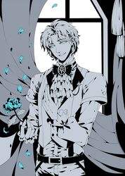  1boy blue_eyes bowtie cravat curtains dkaki flower jojo_no_kimyou_na_bouken jonathan_joestar petals solo spot_color window 