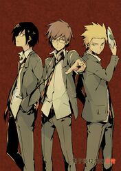  black_hair blazer blonde_hair brown_hair danshi_koukousei_no_nichijou foreshortening glasses hands_in_pockets highres linjie male mask multiple_boys necktie pointing pointing_at_viewer red_background red_eyes school_uniform short_hair striped striped_necktie striped_tie tabata_hidenori tadakuni tanaka_yoshitake yellow_eyes 