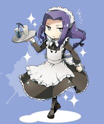  alternate_costume apron berserker_(fate/zero) blue_background chibi crossdressing enmaided fate/zero fate_(series) long_hair maid maid_headdress male mary_janes nobo_(nobocoz) pantyhose purple_eyes purple_hair shoes simple_background solo sparkle tray violet_eyes 