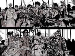  armor blue_eyes bow_(weapon) butch_cassidy chain chains drifters eyepatch gilles_de_rais glaring glasses gloves goggles grigori_rasputin grin gun hannibal hat hijikata_toshizou jeanne_d'arc jeanne_d'arc jewelry kanno_naoshi katana long_hair nasu_no_yoichi necklace oda_nobunaga pistol ponytail publius_cornelius_scipio_africanus red_eyes rifle shimazu_toyohisa short_hair smile spot_color staff sundance_kid sword tamon_yamaguchi the_black_king torn_clothes weapon yamaguchi_tamon 