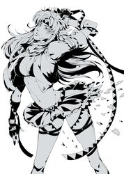 1girl bikini_top caesar_anthonio_zeppeli cropped_jacket dkaki facial_mark fingerless_gloves frilled_skirt genderswap gloves head_wings headband high_contrast jojo_no_kimyou_na_bouken long_hair miniskirt monochrome scarf skirt solo thigh-highs thigh_strap 
