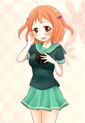  1girl breasts brown_eyes brown_hair hataraku_maou-sama! highres large_breasts ribbon sasaki_chiho school_uniform short_hair short_twintails smile solo twintails 