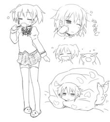 brushing_teeth kaname_madoka kyubey mahou_shoujo_madoka_magica monochrome open_mouth rock_heart school_uniform skirt yawning 