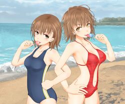  breasts brown_eyes brown_hair candy cleavage hair_ornament hairpin lollipop messy_hair misaka_mikoto misaka_worst navel shin_(highest1192) swimsuit to_aru_majutsu_no_index water 