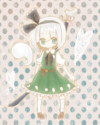  belt dress flower green_eyes hair_ribbon hitodama imo konpaku_youmu konpaku_youmu_(ghost) ribbon short_hair short_sleeves silver_hair solo sword touhou weapon 