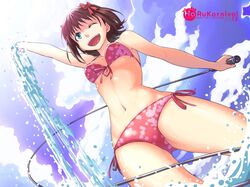  ;d amami_haruka arm_up bare_shoulders bikini blue_sky bow brown_hair from_below front-tie_top green_eyes hair_bow hair_ribbon idolmaster inu_(aerodog) microphone navel open_mouth red_bikini ribbon short_hair side-tie_bikini sky smile solo splash splashing swimsuit water wink 