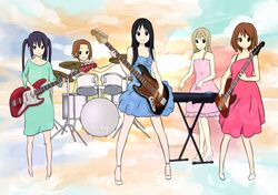  akiyama_mio alternate_hairstyle bass_guitar black_eyes black_hair blonde_hair blue_eyes blush brown_hair drum guitar hime_cut hirasawa_yui instrument k-on! keyboard kotobuki_tsumugi long_hair looking_at_viewer microphone multiple_girls nakano_azusa open_mouth short_hair simple_background smile tainaka_ritsu very_long_hair 