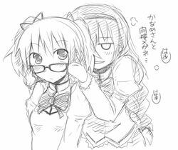  akemi_homura bespectacled blush braid glasses kaname_madoka long_hair mahou_shoujo_madoka_magica monochrome multiple_girls rock_heart school_uniform smile translated translation_request 