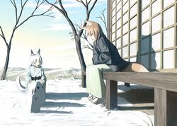  animal_ears brown_hair foxgirl gray_hair japanese_clothes original sakais3211 snow snowman tail 