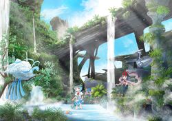  absurdres altaria backpack bag blue_hair cloud clouds flower food forest frog fruit hat highres hinanawi_tenshi long_skirt multiple_girls nagae_iku nature peach pokemon red_eyes ruin ruins scenery short_hair skirt tako touhou tree water waterfall 