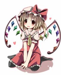  ascot blonde_hair diesel-turbo fang flandre_scarlet hat kazura open_mouth pantyhose red_eyes short_hair sitting skirt smile solo touhou wariza wings 