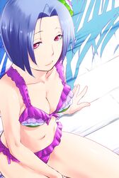  bikini blue_hair breasts cleavage frilled_bikini frills idolmaster kawai_fuguri miura_azusa red_eyes shadow short_hair sitting swimsuit 