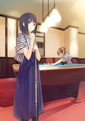  ball billiards black_eyes black_hair blonde_hair chair japanese_clothes long_skirt miz multiple_girls original short_hair skirt sleeves_rolled_up smile standing wide_sleeves yagasuri yellow_eyes 