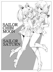  bishoujo_senshi_sailor_moon boots bow brooch character_name chibi_usa child choker closed_eyes eyes_closed hair_ornament hairpin hand_holding highres holding_hands jewelry lineart magical_girl multiple_girls naonao77 pleated_skirt ribbon sailor_chibi_moon sailor_saturn sailor_senshi short_hair skirt smile tomoe_hotaru twintails 