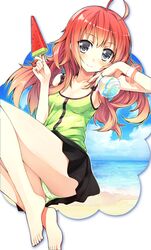  ahoge ball barefoot blush feet food fruit gradient_hair green_panties grey_eyes highres holding jewelry long_hair multicolored_hair orda original panties red_hair redhead ring silver_eyes skirt smile solo underwear watermelon 