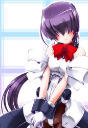  bangs blush bodysuit breasts gloves hair_over_eyes hisame_genta kyoukai_senjou_no_horizon long_hair mukai_suzu pantyhose ponytail purple_hair ribbon 