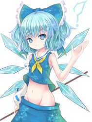  :< ? blue_eyes blue_hair bow cirno cosplay detached_sleeves hair_bow hakurei_reimu hakurei_reimu_(cosplay) ice ice_wings mound_of_venus navel no_panties sarashi single_sleeve solo touhou vils wings 