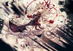  absurdres blonde_hair bow dress hair_bow hat hat_ribbon highres long_hair navio red_eyes ribbon smile solo touhou yakumo_yukari 