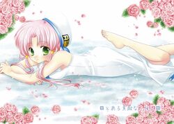  aria ayase_miyuki barefoot flower green_eyes hair_tubes hat mizunashi_akari on_stomach payot petals pink_hair rose solo 