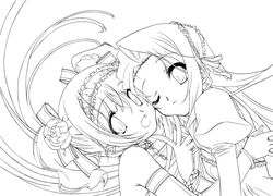  :3 absurdres blush flower gothic_lolita headdress highres idolmaster lineart lolita_fashion long_hair minase_iori monochrome multiple_girls senomoto_hisashi short_hair smile takatsuki_yayoi twintails wink 