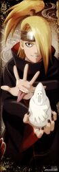  absurdres bird blonde_hair deidara extra_mouth grey_eyes hair_over_one_eye highres jewelry long_image male nail_polish naruto ponytail possible_duplicate ring scan smile stick_poster tall_image title_drop tongue 