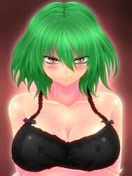  bare_shoulders blush bra breasts cleavage crossed_arms green_hair highres kazami_yuuka large_breasts nightgown red_eyes short_hair smile smirk solo touhou underwear watarui youkai 