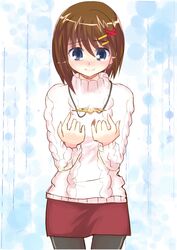  blue_eyes brown_hair hair_ribbon highres lyrical_nanoha mahou_shoujo_lyrical_nanoha mahou_shoujo_lyrical_nanoha_a's mahou_shoujo_lyrical_nanoha_a's mahou_shoujo_lyrical_nanoha_the_movie_2nd_a's mahou_shoujo_lyrical_nanoha_the_movie_2nd_a's pantyhose ribbon schwertkreuz short_hair skirt smile solo sweater tonton_(hamuni123) yagami_hayate 