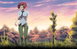  amputee forest green_eyes jeffrey_cruz katawa_shoujo nature necktie pants red_hair redhead shirt short_hair solo tezuka_rin 