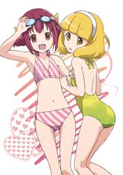  :d :o adjusting_goggles bikini casual_one-piece_swimsuit diagonal_stripes errant goggles hairband heart hoshizora_miyuki kise_yayoi multiple_girls navel one-piece_swimsuit open_mouth pink_bikini precure red_eyes red_hair redhead short_hair smile smile_precure! striped striped_bikini striped_swimsuit swimsuit yellow_eyes yellow_swimsuit 