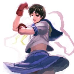  brown_eyes brown_hair capcom cozy gloves kasugano_sakura school_uniform serafuku skirt solo street_fighter street_fighter_zero wink 