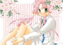  aria ayase_miyuki breasts center_opening cleavage flower green_eyes hair_tubes mizunashi_akari parted_lips payot pink_hair solo striped striped_background uniform 