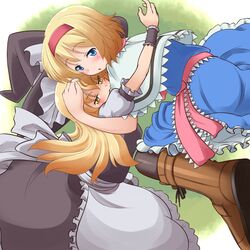  alice_margatroid aodu_fumiyoshi apron blonde_hair blue_dress blush boots dress hat hug kirisame_marisa long_skirt multiple_girls pantyhose skirt skirt_set touhou witch_hat wrist_cuffs yuri 