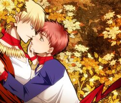  blonde_hair emiya_shirou fate/stay_night fate/zero fate_(series) gilgamesh jewelry male multiple_boys necklace raglan_sleeves red_eyes red_hair redhead setta_(tokinon) short_hair yaoi yellow_eyes 