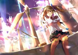  blonde_hair cloud clouds long_hair miniskirt open_mouth original puffy_sleeves renka_(renkas) short_sleeves sitting skirt sky solo tears thighhighs twintails windmill wristband yellow_eyes 