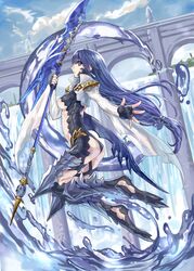  armor ass blue_eyes blue_hair bodysuit bolero breasts cropped_jacket earrings fingerless_gloves gloves jewelry long_hair low-tied_long_hair original polearm ran'ou_(tamago_no_kimi) ran'ou_(tamago_no_kimi) solo water weapon wide_sleeves 