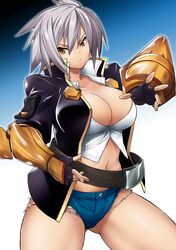  belt blazblue blazblue:_chrono_phantasma breasts brown_eyes bullet_(blazblue) cleavage denim denim_shorts fingerless_gloves gloves highres impossible_clothes jacket large_breasts navel scar short_shorts shorts silver_hair solo tanabe_(studio_tiamat) thighs vambraces 