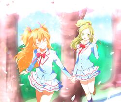  2girls closed_eyes green_eyes green_hair grin half_updo holding_hands holding_head houjou_hibiki kagami_chihiro long_hair minamino_kanade multiple_girls orange_hair precure school_uniform smile suite_precure tree two_side_up 
