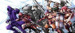  axe breasts copyright_request kappamaru long_hair polearm short_hair spear sword very_long_hair weapon 