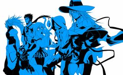  2girls 4boys armor bare_shoulders blazblue blazblue_phase_0 blue ggrock glasses hair_over_one_eye hakumen hat jubei_(blazblue) konoe_a_mercury long_hair monochrome multiple_boys multiple_girls ponytail staff trinity_glassfield valkenhayn_r_hellsing witch_hat young yuuki_terumi 