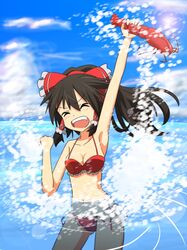  1girl armpits bikini black_hair bow breasts cato_(monocatienus) cleavage clenched_hand closed_eyes cloud clouds collarbone eyes_closed hair_bow hair_tubes hakurei_reimu lobster navel open_mouth side-tie_bikini sky solo splash splashing swimsuit touhou wading water 