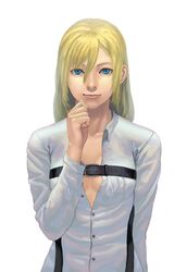  1girl blonde_hair blue_eyes breasts christa_renz highres lasterk shingeki_no_kyojin shirt short_hair simple_background smile solo suspenders unbuttoned white_background white_shirt 