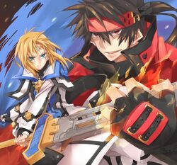  black_hair blonde_hair blue_eyes circlet fingerless_gloves gloves guilty_gear guilty_gear_2 headband kito_shinohara ky_kiske male multiple_boys popped_collar red_eyes sol_badguy sword weapon 