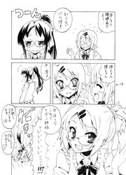  alternate_hairstyle blush check_translation comic glasses hirasawa_yui k-on! long_hair monochrome multiple_girls nome_(nnoommee) short_hair tainaka_ritsu tears translation_request 