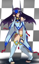  1girl bare_shoulders blazblue blush checkered checkered_background cosplay crotch_plate detached_sleeves duplicate embarrassed forhead_protector hair_over_one_eye halterneck ikezawa_hanako katawa_shoujo long_hair mu-12 mu-12_(cosplay) navel purple_hair robe robot_ears scar solidcow solo thigh-highs toeless_legwear violet_eyes wavy_mouth 