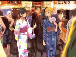  alternate_costume alternate_hairstyle black_hair blonde_hair blue_eyes blush bow brown_eyes candy dango fan festival fish food goldfish hair_bow hair_ornament hair_up holding japanese_clothes kimono lollipop looking_at_another maribel_hearn multiple_girls shiba_itsuki smile takoyaki takoyaki_(roast) torii touhou usami_renko wagashi 